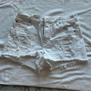 American Eagle Hi-Rise Shortie Distressed White Denim Shorts Size 10